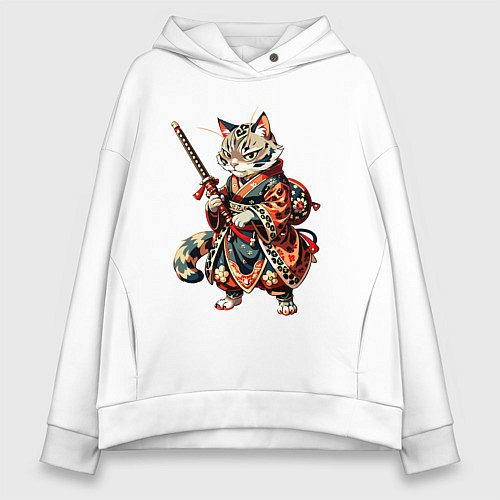 Женское худи оверсайз Кот ниндзя - японский воин / Белый – фото 1