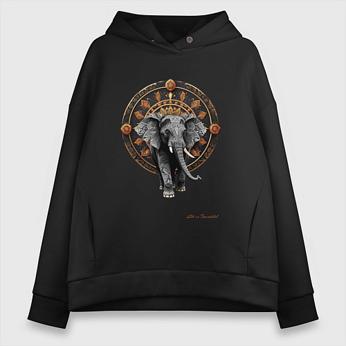 Женское худи оверсайз Слон с узорами на фоне колеса сансары / Черный – фото 1
