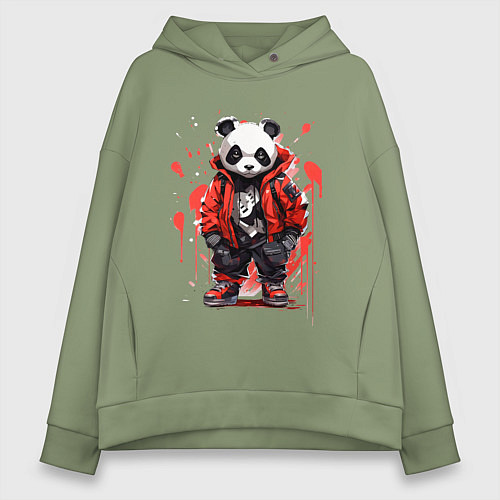 Женское худи оверсайз Модная панда в красной куртке / Авокадо – фото 1
