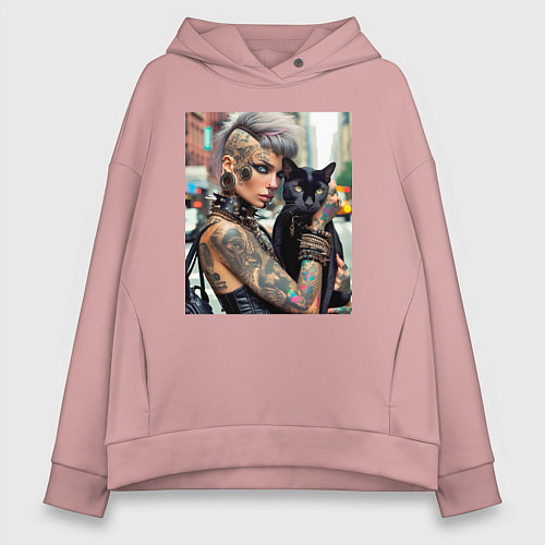 Женское худи оверсайз Девчонка панк в татухах с чёрным котом - нейросеть / Пыльно-розовый – фото 1