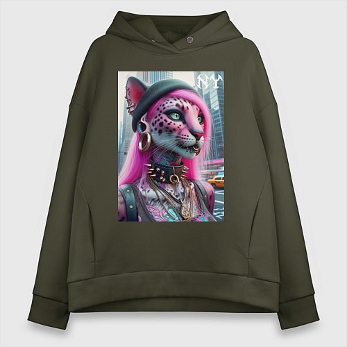 Женское худи оверсайз Панк девушка-леопард в татухах в Нью-Йорке / Хаки – фото 1