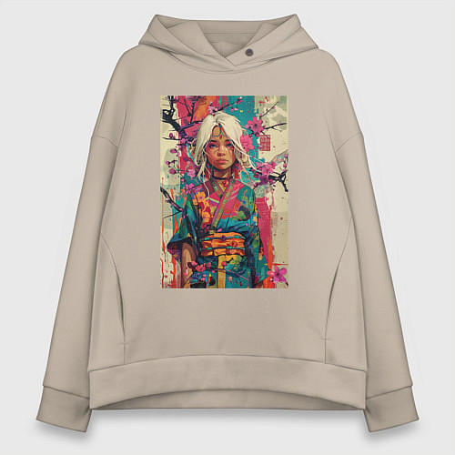 Женское худи оверсайз Белокурая индейская девушка в японском кимоно - жи / Миндальный – фото 1