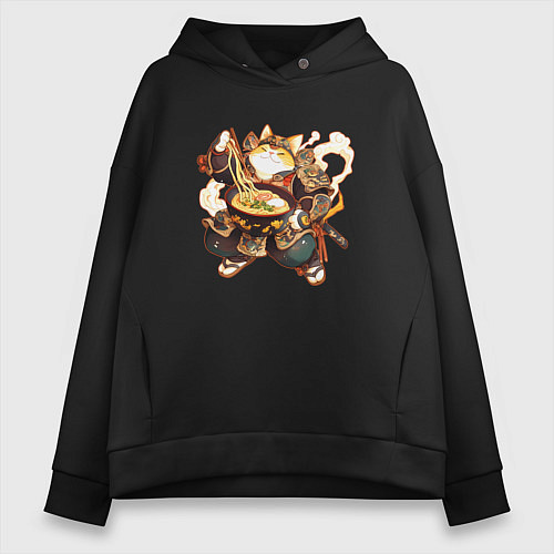Женское худи оверсайз Кот самурай и лапша / Черный – фото 1