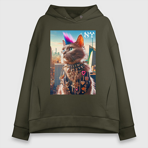 Женское худи оверсайз Funny cat punk from New York - ai art / Хаки – фото 1