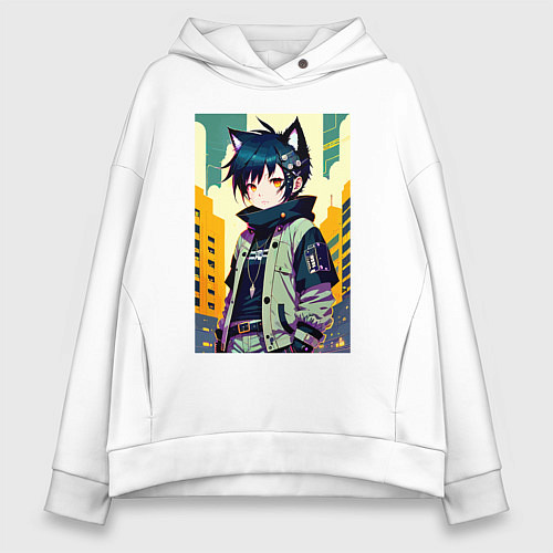 Женское худи оверсайз Девочка котёнок - нейросеть / Белый – фото 1