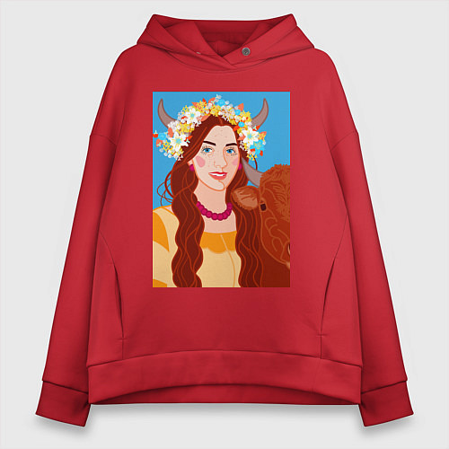 Женское худи оверсайз Девушка в цветочной короной из полевых цветов / Красный – фото 1