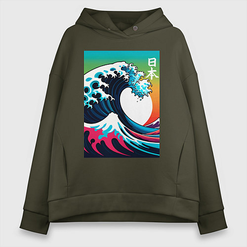 Женское худи оверсайз Japanese wave - ai art / Хаки – фото 1