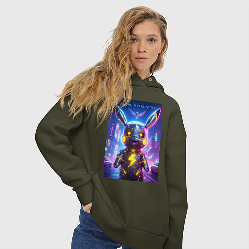 Женское худи оверсайз Cyber Pikachu - metal style neon glow / Хаки – фото 3