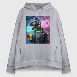 Толстовка оверсайз женская Dinosaur dude with a beer mug wearing headphones a, цвет: меланж