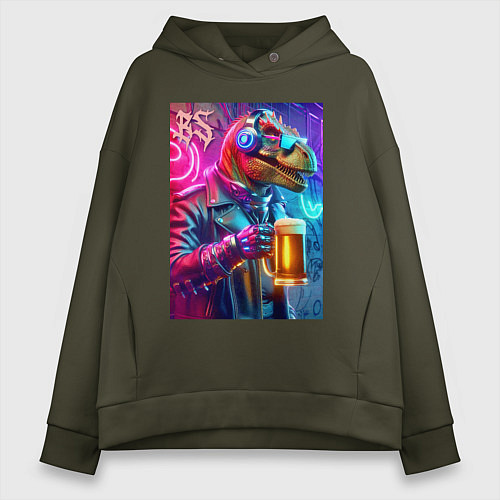 Женское худи оверсайз Dude beersaur - neon glow / Хаки – фото 1