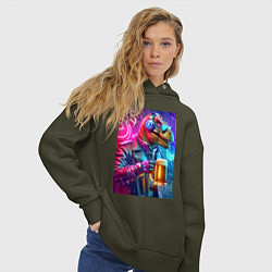 Толстовка оверсайз женская Dude beersaur - neon glow, цвет: хаки — фото 2