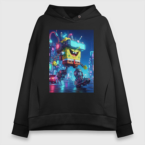 Женское худи оверсайз Cyber Sponge Bob - neon glow fantasy / Черный – фото 1