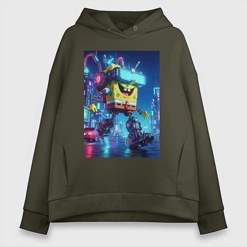 Женское худи оверсайз Cyber Sponge Bob - neon glow fantasy / Хаки – фото 1