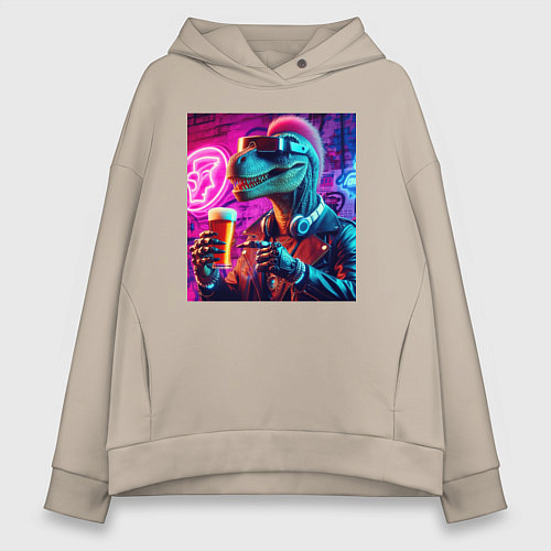Женское худи оверсайз Neon beersaur - neon glow / Миндальный – фото 1
