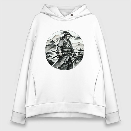 Женское худи оверсайз Самурай графика / Белый – фото 1