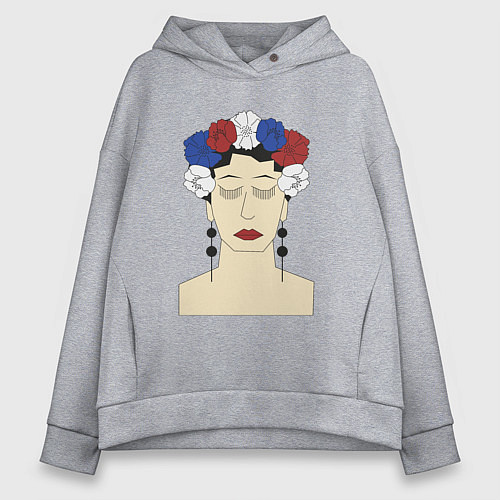 Женское худи оверсайз Женский портрет: девушка в венке триколор / Меланж – фото 1