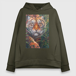 Толстовка оверсайз женская Охотящийся тигр, цвет: хаки