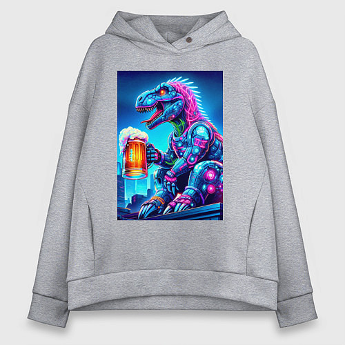 Женское худи оверсайз Cyber tyrannosaur with a mug of beer - ai art fant / Меланж – фото 1