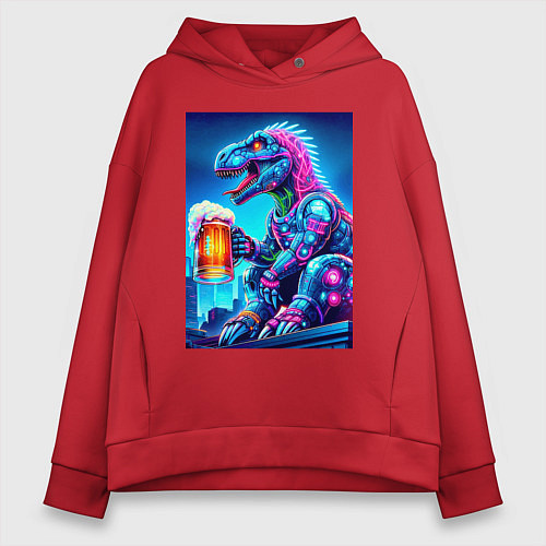 Женское худи оверсайз Cyber tyrannosaur with a mug of beer - ai art fant / Красный – фото 1