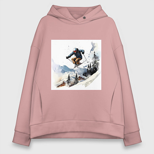 Женское худи оверсайз Лыжник на склоне / Пыльно-розовый – фото 1