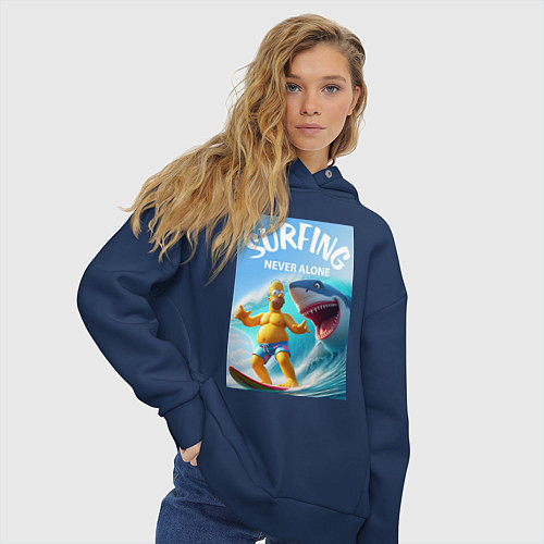 Женское худи оверсайз Homer Simpson and shark - surfing never alone / Тёмно-синий – фото 3