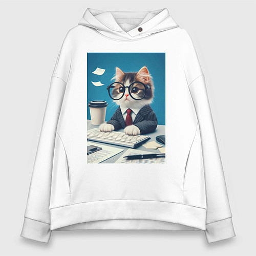 Женское худи оверсайз Котёнок офисный планктон - нейроарт / Белый – фото 1