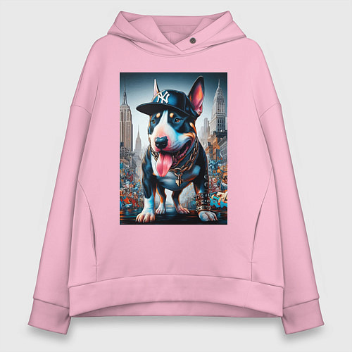 Женское худи оверсайз Funny bull terrier in New York - ai art / Светло-розовый – фото 1