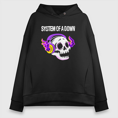 Женское худи оверсайз System of a Down - неоновый череп / Черный – фото 1