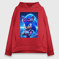 Толстовка оверсайз женская Крутой кибер ёжик - неоновое свечение, цвет: красный
