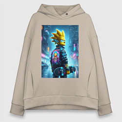 Толстовка оверсайз женская Чувак Барт Симпсон со скейтбордом под дождём - ней, цвет: миндальный