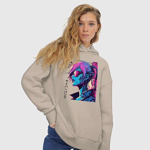Женское худи оверсайз Cyber girl - pop art fantasy / Миндальный – фото 3