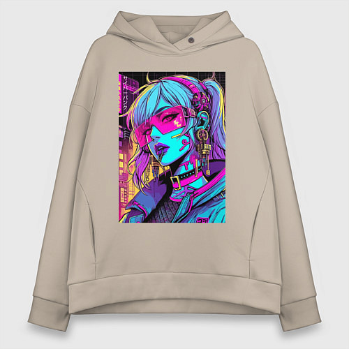 Женское худи оверсайз Кибер девчонка в розовых очках - нейроарт / Миндальный – фото 1