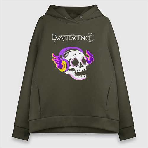 Женское худи оверсайз Evanescence - неоновый череп / Хаки – фото 1
