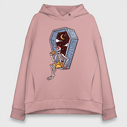 Толстовка оверсайз женская Скелет ест пиццу, цвет: пыльно-розовый