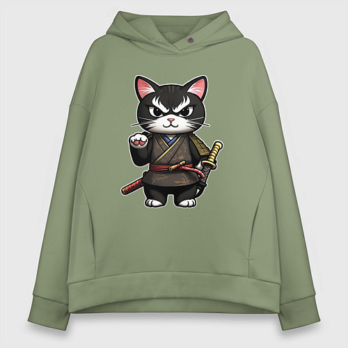 Женское худи оверсайз Крутой кот самурай / Авокадо – фото 1