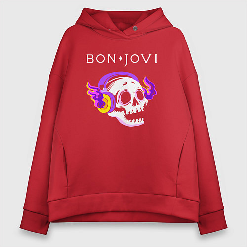 Женское худи оверсайз Bon Jovi - неоновый череп / Красный – фото 1