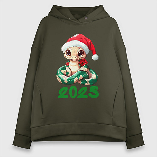Женское худи оверсайз Милая змейка в новогодней шапочке 2025 / Хаки – фото 1