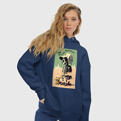 Женское худи оверсайз Прикольный черепок - хэллоуин / Тёмно-синий – фото 3