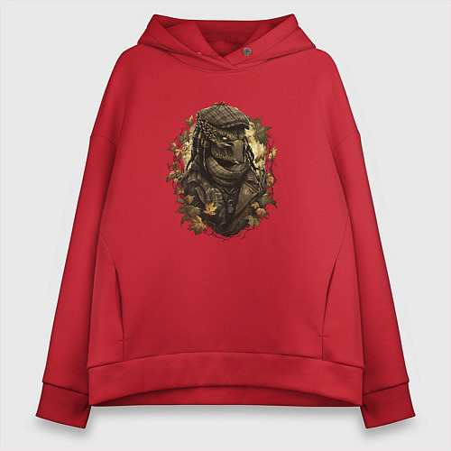 Женское худи оверсайз Осенний хищник в кепке / Красный – фото 1