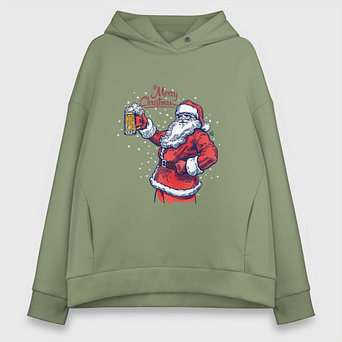 Женское худи оверсайз Merry Christmas Santa beer / Авокадо – фото 1