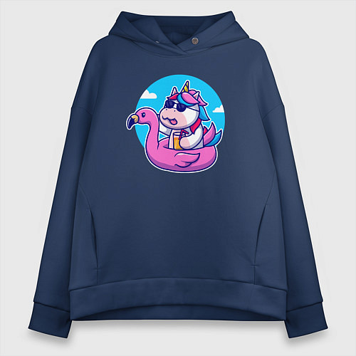 Женское худи оверсайз Единорожек и фламинго / Тёмно-синий – фото 1