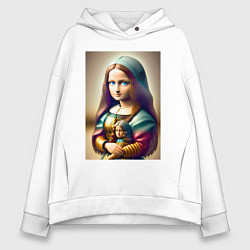 Толстовка оверсайз женская Маленькая Мона Лиза в детстве с куклой - нейроарт, цвет: белый