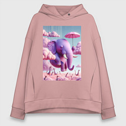 Толстовка оверсайз женская Розовый слон под зонтом в облаках, цвет: пыльно-розовый