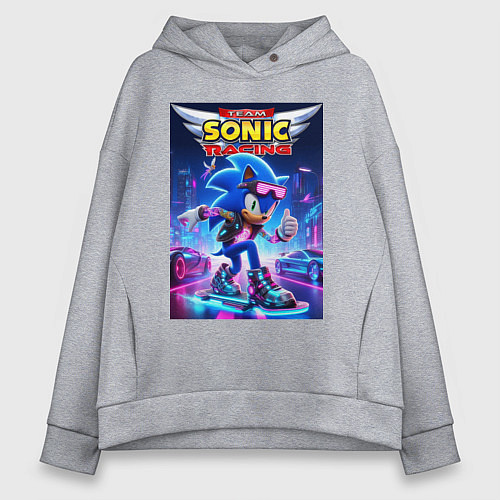 Женское худи оверсайз Sonic racing team - hedgehog on a board / Меланж – фото 1