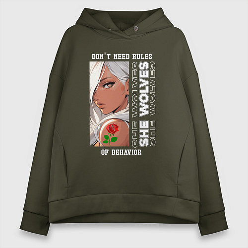 Женское худи оверсайз Девушка из аниме с розой / Хаки – фото 1
