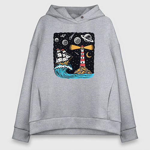 Женское худи оверсайз Маяк и парусник / Меланж – фото 1