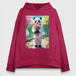 Толстовка оверсайз женская Панда с букетом тюльпанов, цвет: маджента