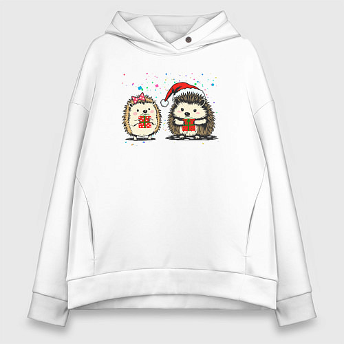Женское худи оверсайз Новогодние ежики с подарками / Белый – фото 1