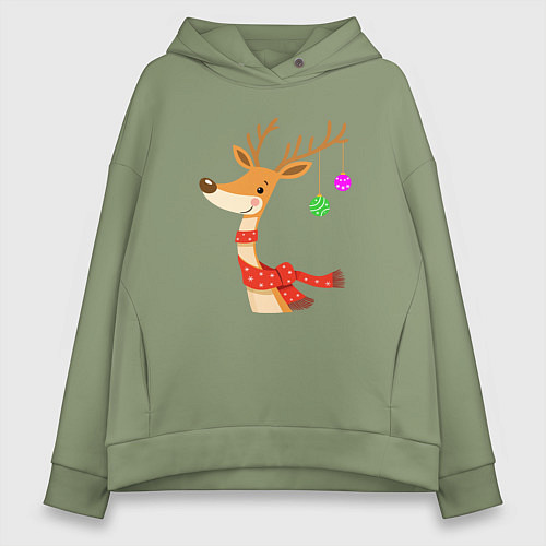 Женское худи оверсайз Олень новогодний с ёлочными шарами / Авокадо – фото 1