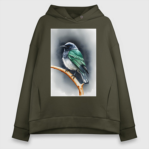 Женское худи оверсайз Птичка на ветке / Хаки – фото 1